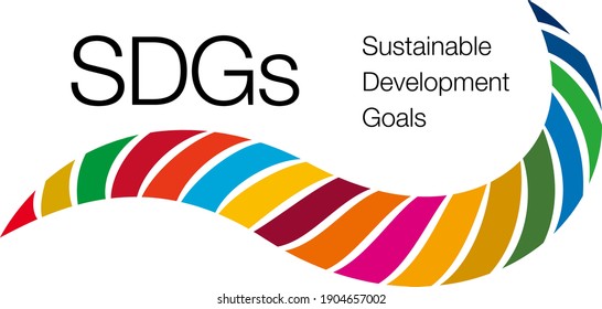Wavy layout of objects colored in 17 symbol colors. The letters "SDGs" in the upper left. A symbol mark that imagines the Sustainable Development Goals (SDGs). Created with vector data. 