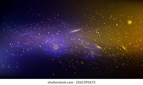 Wavy line abstract background. Purple pattern of speed tech landscape waves and magic golden star dust. Ai blue neon flare shimmer lights and connect data mesh. Particle flow digital futuristic effect