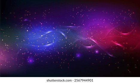 Wavy line abstract background. Purple pattern of speed tech landscape waves and magic golden star dust. Ai blue neon flare shimmer lights and connect data mesh. Particle flow digital futuristic effect