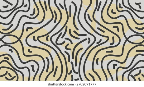 Patrón Abstractas del arte de la línea ondulada: Fondo de repetición inconsútil con las Formas orgánicas curvadas y los Elementos ondulados dibujados a mano en negro, amarillo claro y gris pálido
