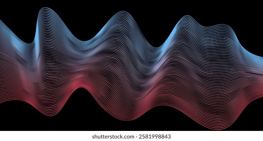 wavy line background desgin in red and blue color, for landing page, social media banner. isolated on black background