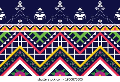Wavy line colored geometric pattern design with purple floral in the center and white flower on top.
