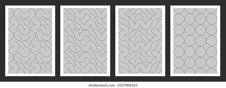 Linha ondulada e conjunto de padrões sem emenda de círculo concêntrico. desenhos geométricos abstratos em preto e branco para cartazes, folhetos e panfletos.