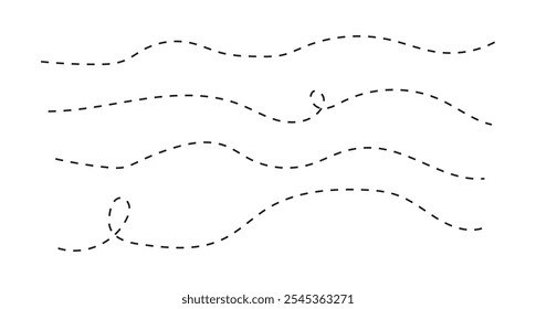 Linha ondulada, linha curva pontilhada, Trajeto trajeto linha pontilhada traçado destino, Conjunto de Ondulado Curvo Pontilhado , Ilustração vetorial