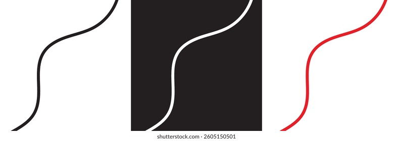 Wavy line with curvy abstract squiggles. Black, white and red hand-drawn wiggle design.  Vector illustration. isolated on white and black background. EPS 10