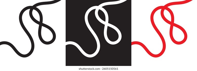 Wavy line with curvy abstract squiggles. Black, white and red hand-drawn wiggle design.  Vector illustration. isolated on white and black background. EPS 10