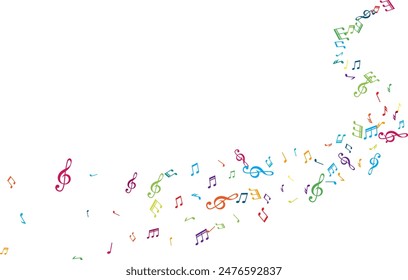 Wavy line from flying music notes. Vector decoration element in rainbow colors.