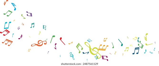 Wavy line from flying music notes. Vector decoration element in rainbow colors.