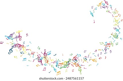 Línea ondulada de notas musicales voladoras. Elemento de decoración de Vector en colores arcoíris.