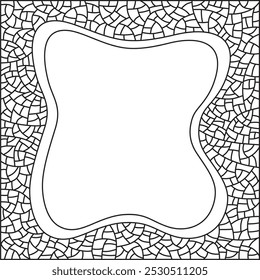 Wellenlinie, die einen quadratischen Rahmen bildet. Dekorative und schlangenartige quadratische Grenze, durch eine schlangenförmige Linie und Mosaikformen gemacht. Einzige schwarz-weiße Illustration auf weißem Hintergrund. Vektor.