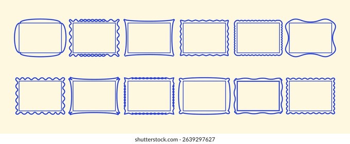 Wavy line frame, scallop rectangle, squiggle edge shape box, curve simple form editable stroke. Wiggle retro banner, postage stamp outline design, blue italian amalfi card collage. Vector illustration