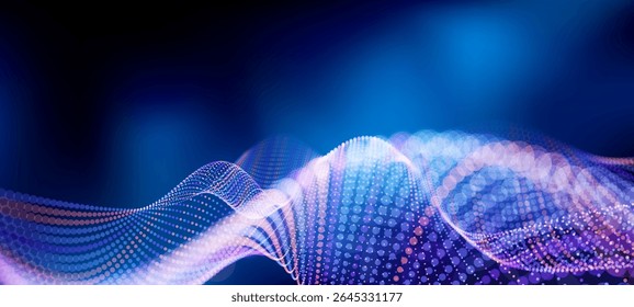 Wavy line of glowing particles on a blue background. Abstract digital data visualization. Futuristic scientific network stream. Vector graphics. 
