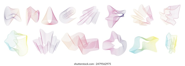 Wavy line gradient shapes set, vector vibrant dynamic composition fluid futuristic contemporary form. Minimal modern curve design element swirl outline poster decoration. Wavy line colorful background