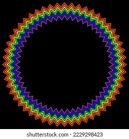 Wavy line rainbow colors frame. Circle frames with colorful zig zag stripes patterns isolated on black background. Spectrum concept. Border round template.
