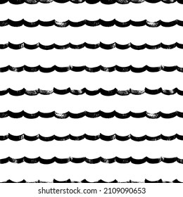 Wavy line seamless pattern. Hand draw black wavy texture. Grunge background of water, sea and ocean imitation. Hand drawn horizontal vector curly lines. Grunge ripple texture. Print for t-shirts.
