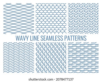 Wavy line seamless patterns. Nautical simple designs elements, smooth curves blue waves with different types bends and twists. Decor ocean textile, wrapping paper