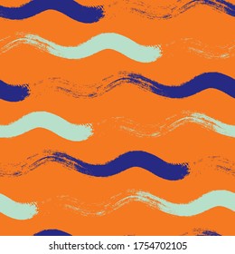 Wavy line seamless vector pattern background. Hand drawn coarse brush stroke horizontal flowing wave. Neon orange blue backdrop. Modern linear geometric stripe. All over print for texture, packaging.