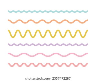 Wavy line set in white background. Simple doodle colorful outline design element.