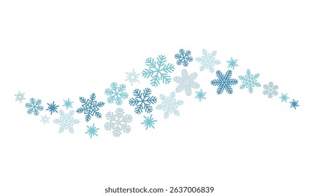 Wavy line of snowflakes in flat cartoon style for Christmas. A cheerful winter motif ideal for banners, greeting cards, decorations, and creative holiday-themed layouts.