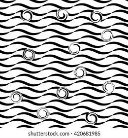  Wavy line spiral seamless pattern. Fashion graphic background design. Modern stylish abstract texture. Monochrome template for prints, textiles, wrapping, wallpaper, website etc. VECTOR illustration