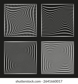 Wavy line squares. Abstract distorted grid. Black white texture. Vector flowing shape.