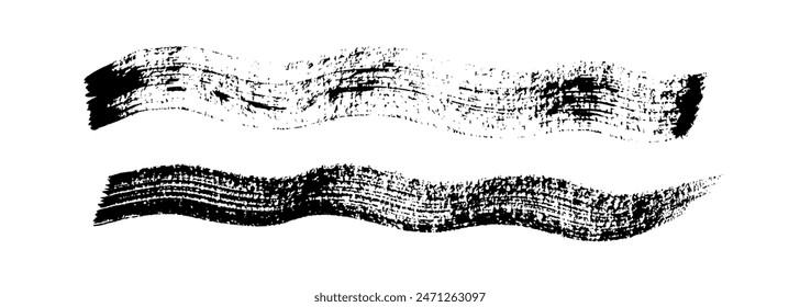 Trazos de pincel de tinta de Vector de línea ondulada. Ondas caligráficas asiáticas dibujadas a mano negra, garabatos, manchas. Conjunto de pinceladas fluidas de caligrafía china, japonesa, coreana. Tinta gruesa y ondulada con líneas texturizadas sobre papel
