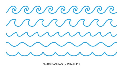 Wavy line vector set. Blue swirl waves. Flowing wave lines.