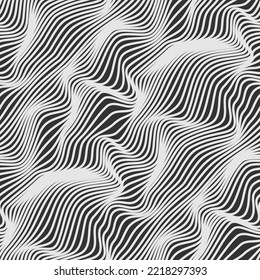 Wavy linear abstract seamless texture. Relief black and white background with optical illusion of distortion. Vector graphic design.