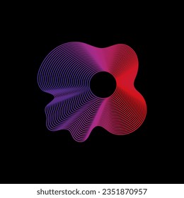 Wavy linear abstract sound wave. Neon round music sound wave for equalizer. Radial sound wave curve with light particles. Clipart of colorful radio frequency sound lines. Vector illustration.