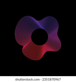 Wavy linear abstract sound wave. Neon round music sound wave for equalizer. Radial sound wave curve with light particles. Clipart of colorful radio frequency sound lines. Vector illustration.