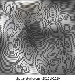 Wavy linear abstract texture. Relief black and white background with optical illusion of distortion. Vector graphic design.