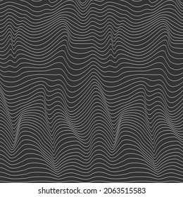 Wavy linear abstract texture. Relief black and white background with optical illusion of distortion. Vector graphic design.