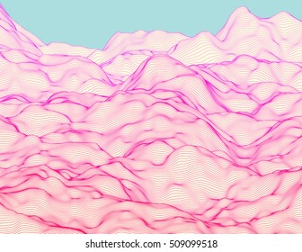 Wavy linear colorful procedural terrain. Striped digital extraterrestrial landscape. Trendy wireframe cybernetic mountains. Modern illustration for a background. Element of design.