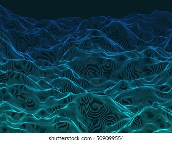 Wavy linear colorful procedural terrain. Striped digital extraterrestrial landscape. Trendy wireframe cybernetic mountains. Modern illustration for a background. Element of design.