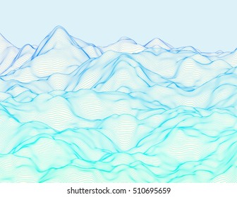 Wavy linear colorful procedural terrain. Striped digital extraterrestrial landscape. Trendy wireframe cybernetic mountains. Modern illustration for a background. Element of design.
