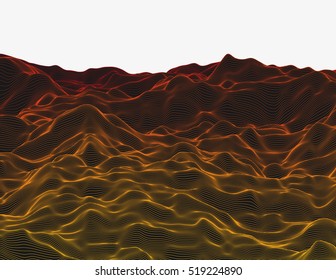 Wavy linear colorful procedural terrain. Striped digital extraterrestrial landscape. Trendy wireframe cybernetic mountains. Modern illustration for a background. Element of design.