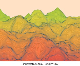 Wavy linear colorful procedural terrain. Striped digital extraterrestrial landscape. Trendy wireframe cybernetic mountains. Modern illustration for a background. Element of design.