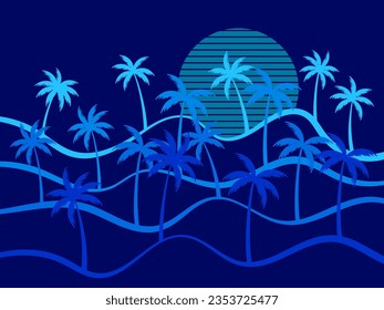 Wavy linear landscape with silhouettes of palm trees and a blue sun in the style of the 80s. Landscape in line art style in blue color on a black background. Vector illustration