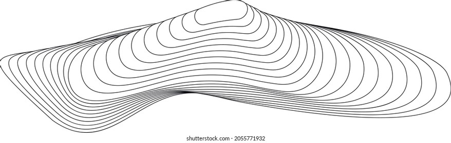 Wavy linear monochrome procedural terrain. Striped digital extraterrestrial landscape. Trendy wireframe cybernetic mountain. Modern illustration. Element of design.