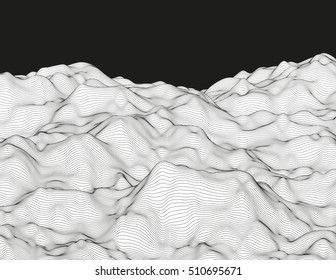 Wavy linear monochrome procedural terrain. Striped digital extraterrestrial landscape. Trendy wireframe cybernetic mountains. Modern illustration for a background. Element of design.
