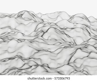 Wavy linear monochrome procedural terrain. Striped digital extraterrestrial landscape. Trendy wireframe cybernetic mountains. Modern illustration for a background. Element of design.