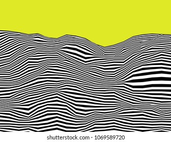 Wavy linear psychedelic black and white procedural terrain. Striped digital extraterrestrial landscape. Trendy sharp cybernetic hills. Modern vector background illustration. Element of design.