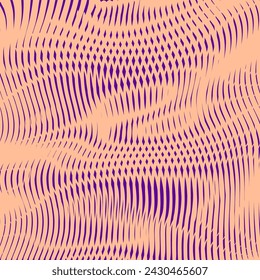 Wavy lined image in peach fuzz and purple colors geometric pattern with moire effect.Psychedelic background for wall art, wall panel, package, banner, poster, interior decor.