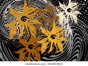 Wavy lines and abstract flowers for interior solutions or fabrics. Twirled backdrop with floral motifs and dots for fashion trends, business concepts, covers, textiles, tiles, prints, etc. Vector