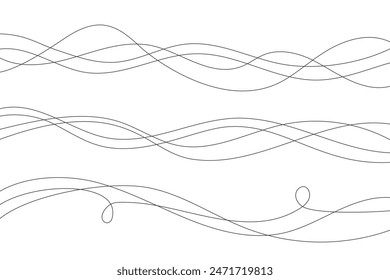 Wavy lines. Abstract vector illustration on white background. Curve flow dynamic design. Liquid music soundwaves. Scribble swirl strokes. Doodle stream art.