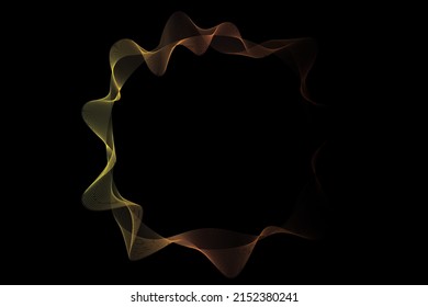 Líneas onduladas de círculos anaranjados abstractos que fluyen sobre un fondo negro para la tecnología, la música, la ciencia y el mundo digital