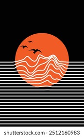 Wavy lines, birds and an orange sun are featured in an abstract background illustration.