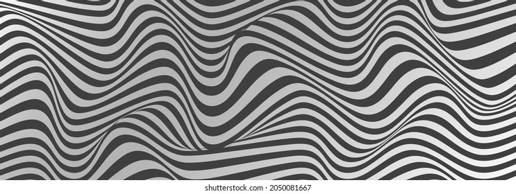 Wavy lines black and white background. Optical illusion striped wide background design. Vector abstract wide horizontal background. White and gray shade colors.
