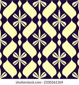 With wavy lines and a black and white palette, this repeating fabric pattern exhibits an art deco and art nouveau fusion, showcasing an elegant and intricate motif.