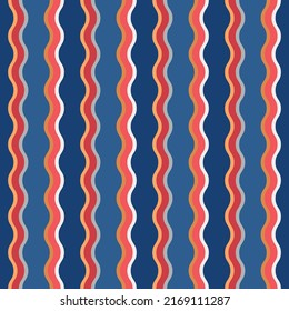 The wavy lines are blue with red and white splashes. Vector seamless pattern for print.